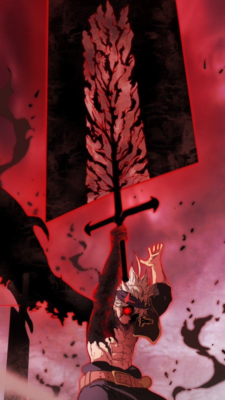Phone wallpaper of Asta (Black Clover) from the anime Black Clover, hoisting his massive Demon-Slayer sword as red-black aura and shadowy energy swirl around him.