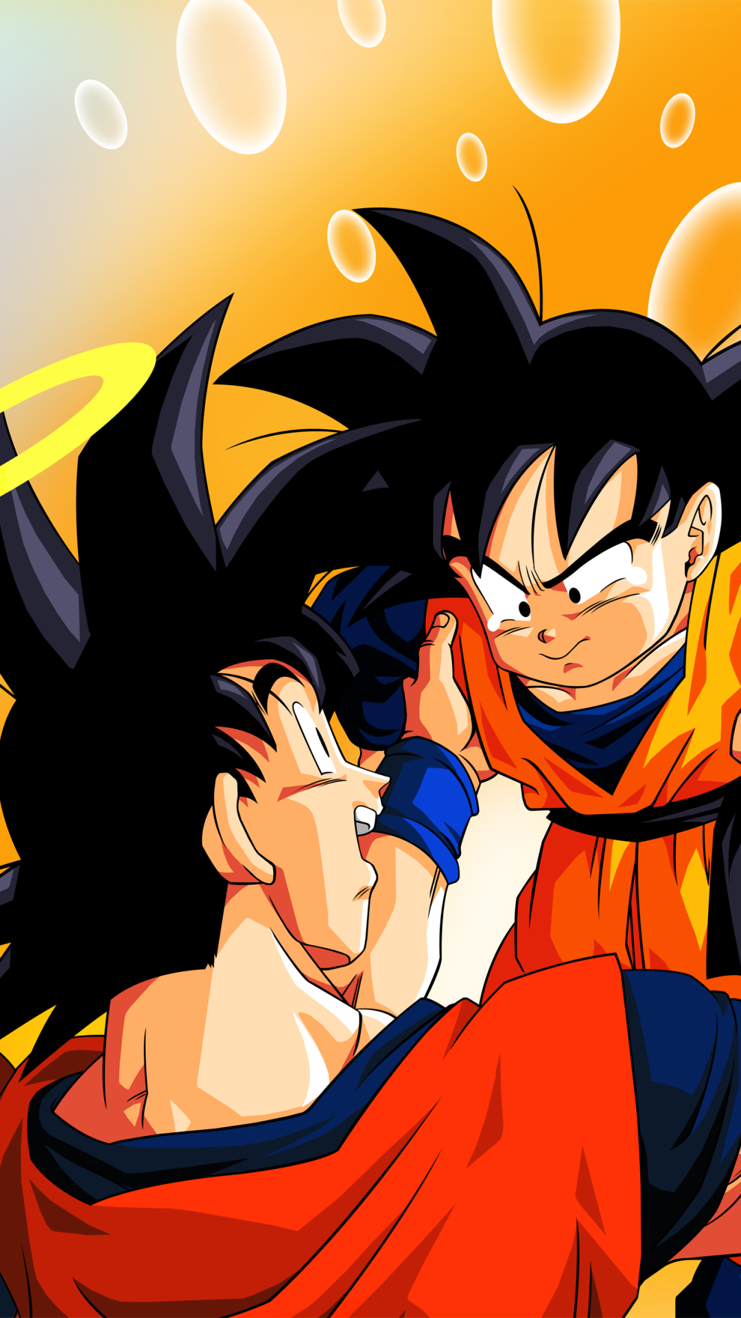 Anime-style Dragon Ball Z phone wallpaper featuring Goku and his younger self against an orange background with floating bubbles, designed for iPhone and Android screens.
