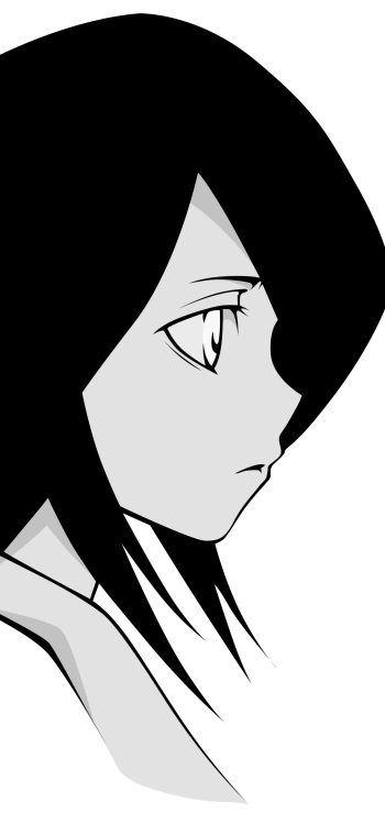 Monochrome phone wallpaper of Rukia Kuchiki from Bleach: minimalist black-and-white side profile showing her eye and collar against a solid black background.