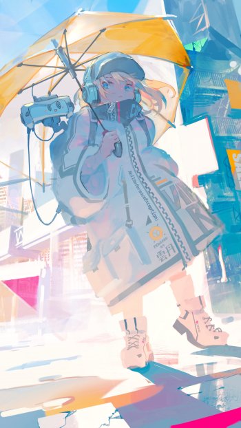 blonde umbrella city Anime Original Phone Wallpaper