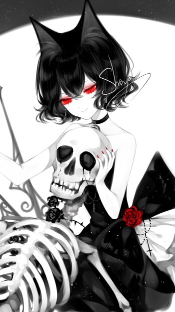 black hair red eyes skeleton Anime Original Phone Wallpaper