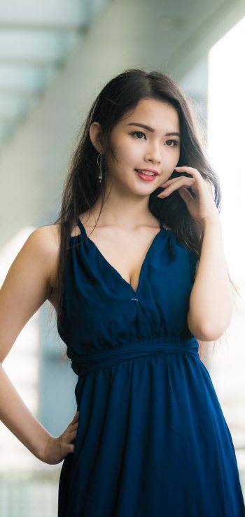 model black hair blue dress lipstick depth of field woman asian Phone Wallpaper