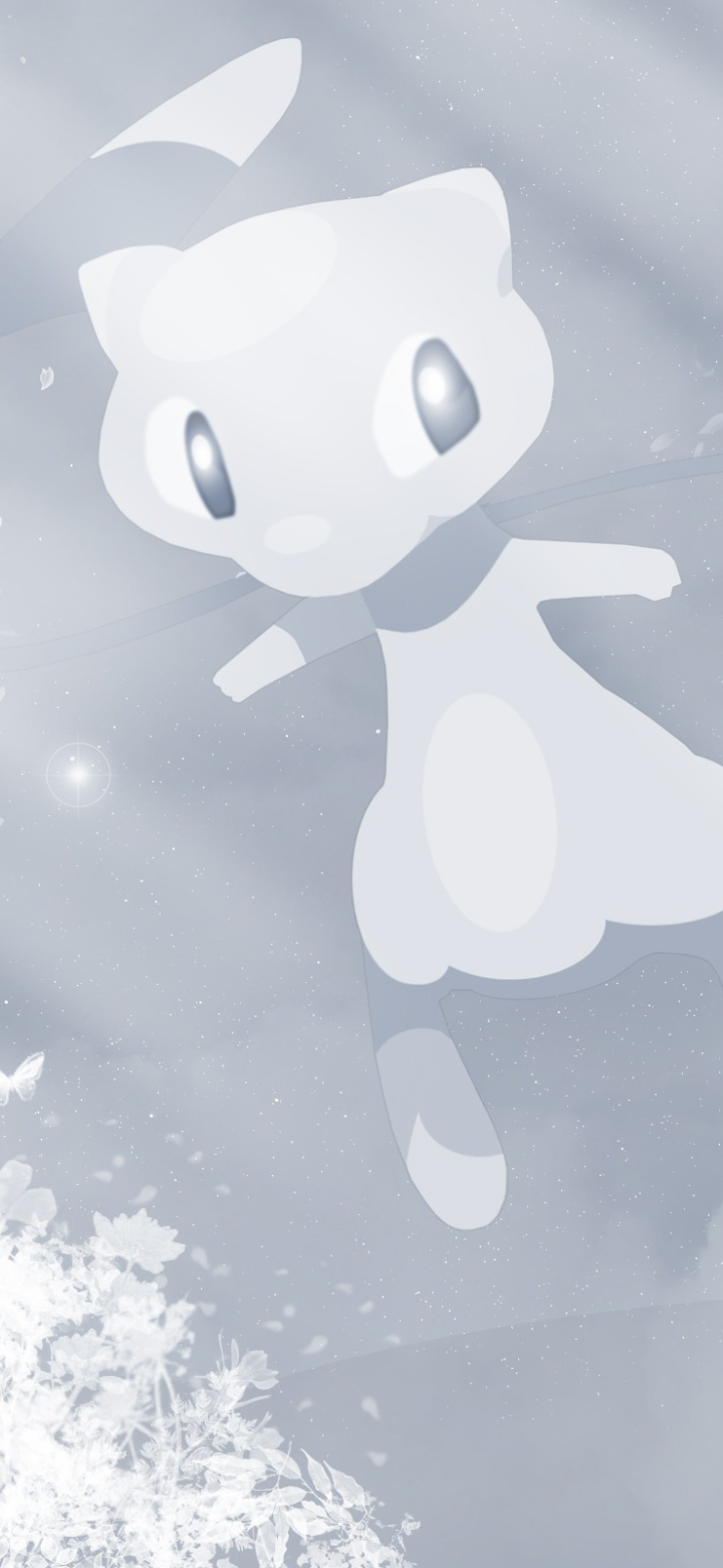 Portrait phone wallpaper of Mew (Pokémon) in anime style, floating through a soft, sparkly pastel sky with faint floral silhouettes.