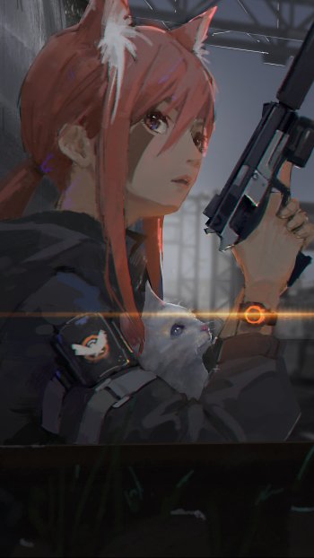 cat pistol pink hair animal ears Anime Original anime cat Phone Wallpaper