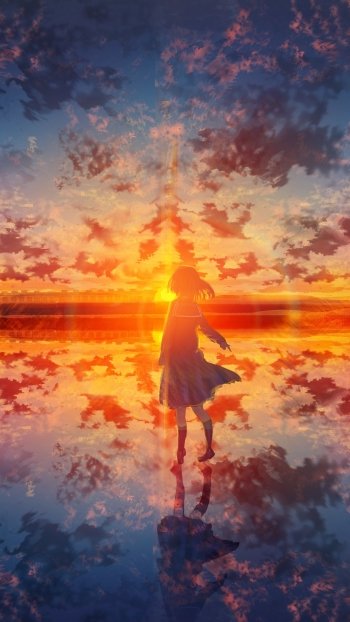 Anime-style wallpaper of a schoolgirl standing on water, silhouetted against a vibrant, colorful sunset with dramatic clouds, designed for iPhone and Android screens.