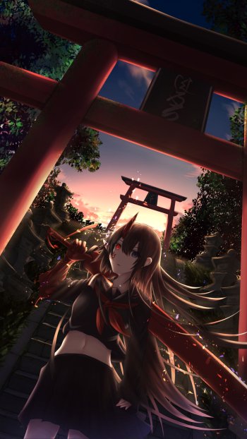sword black eyes pointed ears red eyes black hair long hair heterochromia Anime Original Phone Wallpaper
