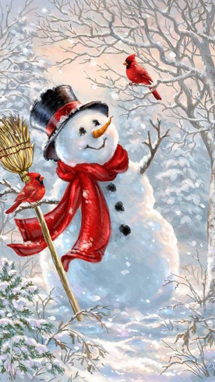 Happy Snowman and Cardinal