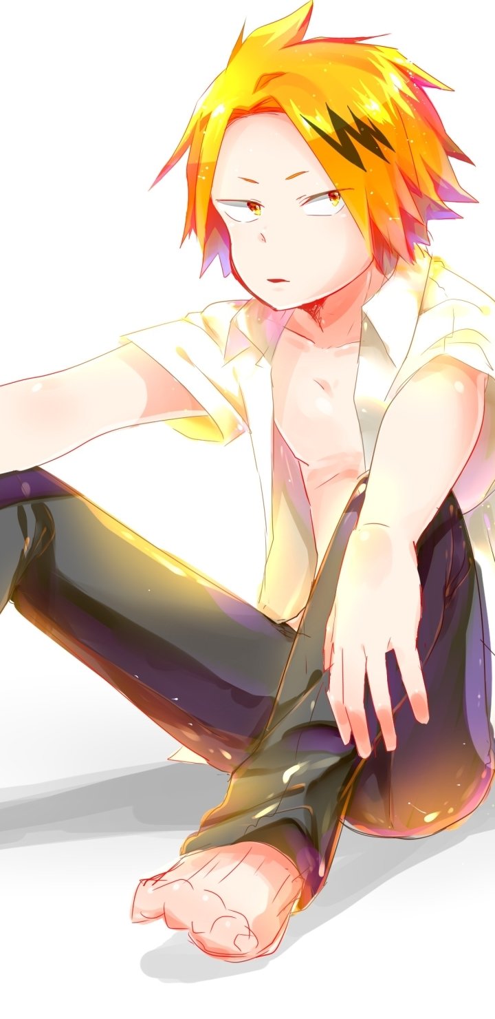 Phone wallpaper of Denki Kaminari (My Hero Academia): sitting relaxed with open shirt and bare feet, warm yellow-pink highlights on a clean white background.