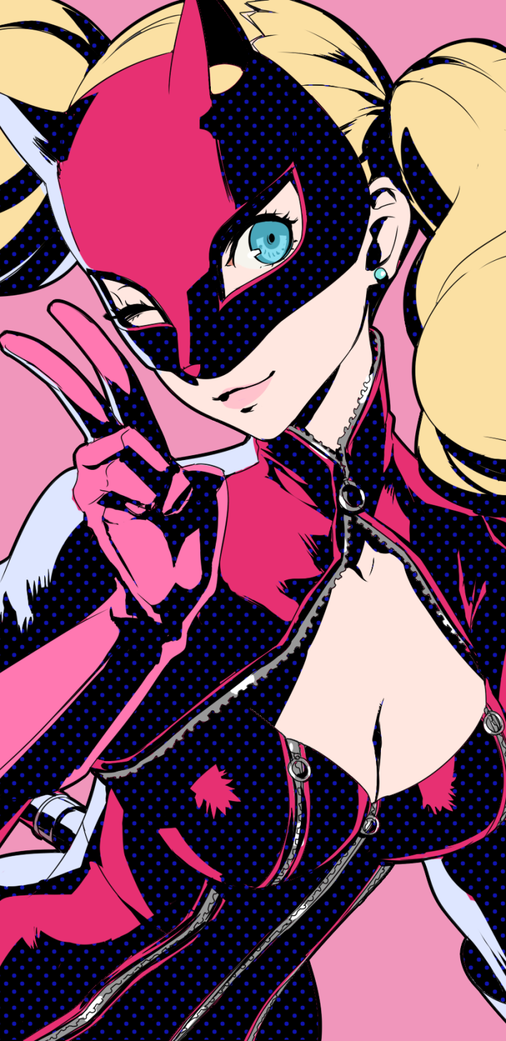 Phone wallpaper of Persona 5's Panther (Ann Takamaki) in a pink cat mask and glossy black catsuit, flashing a peace sign against a solid pink background.