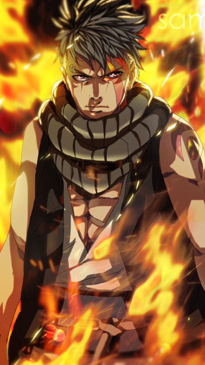 Phone wallpaper of Kawaki (Boruto) — anime Boruto character with scarred face, signature scarf and open chest, glaring amid roaring flames.