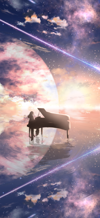 starry sky shooting star piano Anime reflection Phone Wallpaper