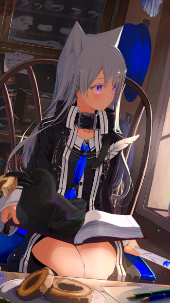 crow animal ears purple eyes white hair Anime Original Phone Wallpaper