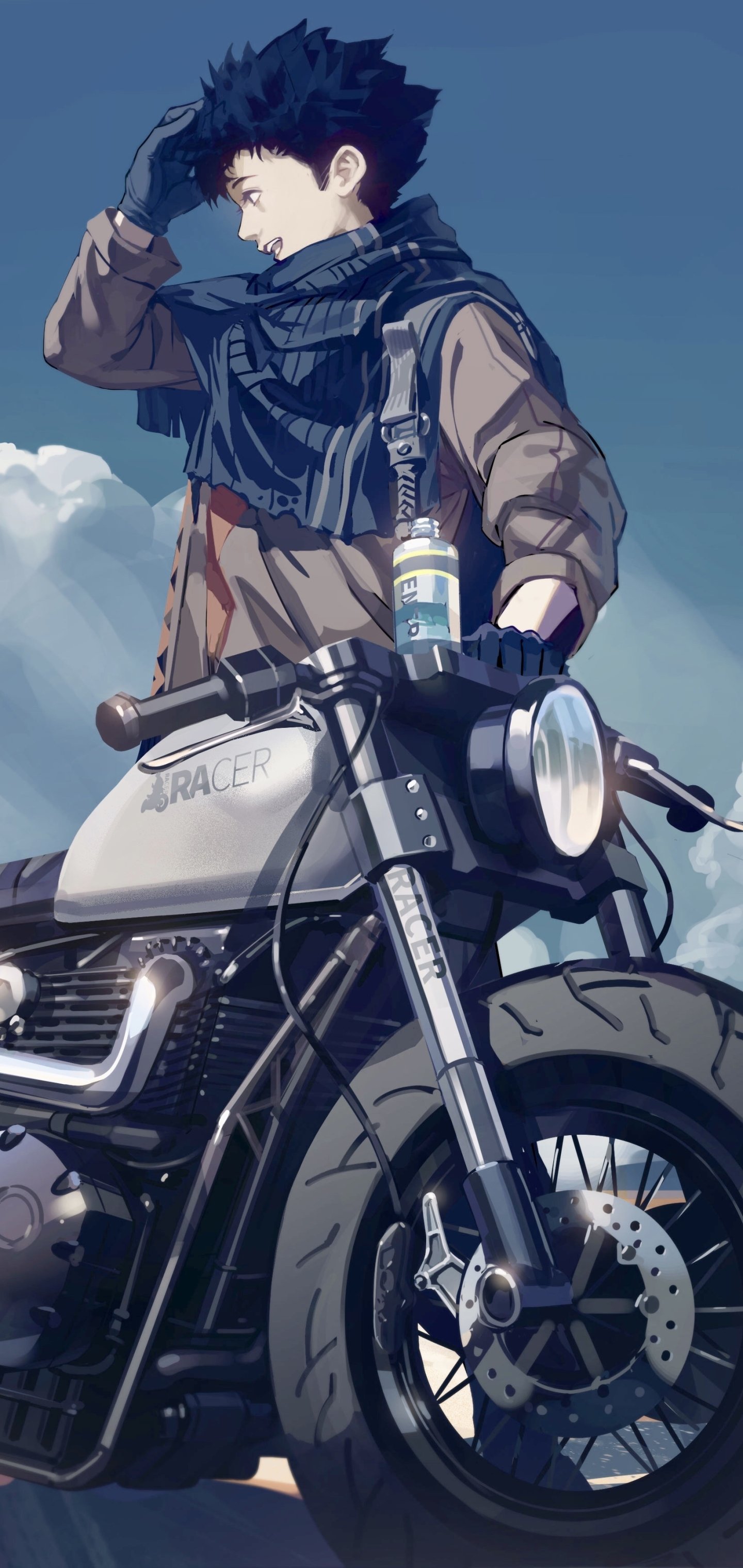 Anime-style phone wallpaper of a black-haired character standing beside a motorcycle against a cloudy sky, designed for iPhone and Android screens.
