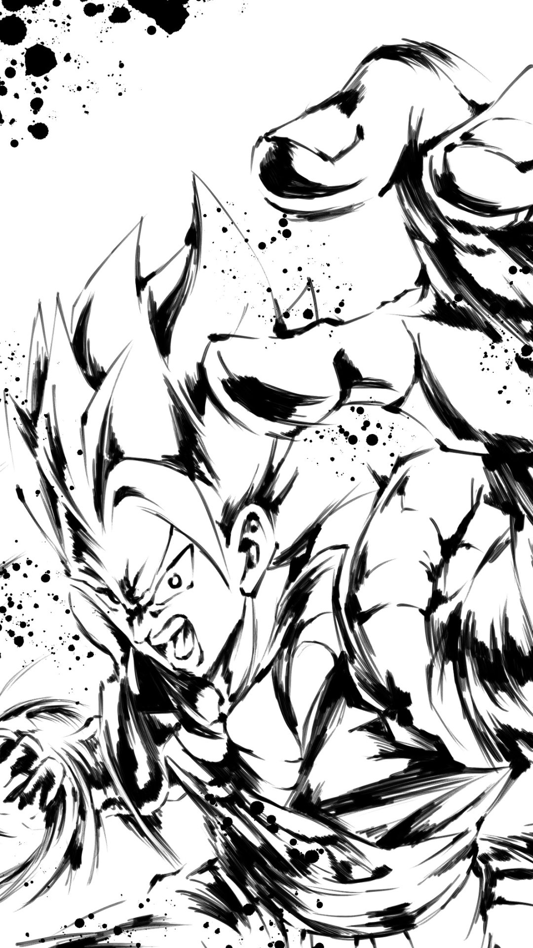 Phone wallpaper: black-and-white anime sketch of Gogeta (Dragon Ball Super) shouting and powering up, surrounded by dynamic ink splatters and bold energy strokes.