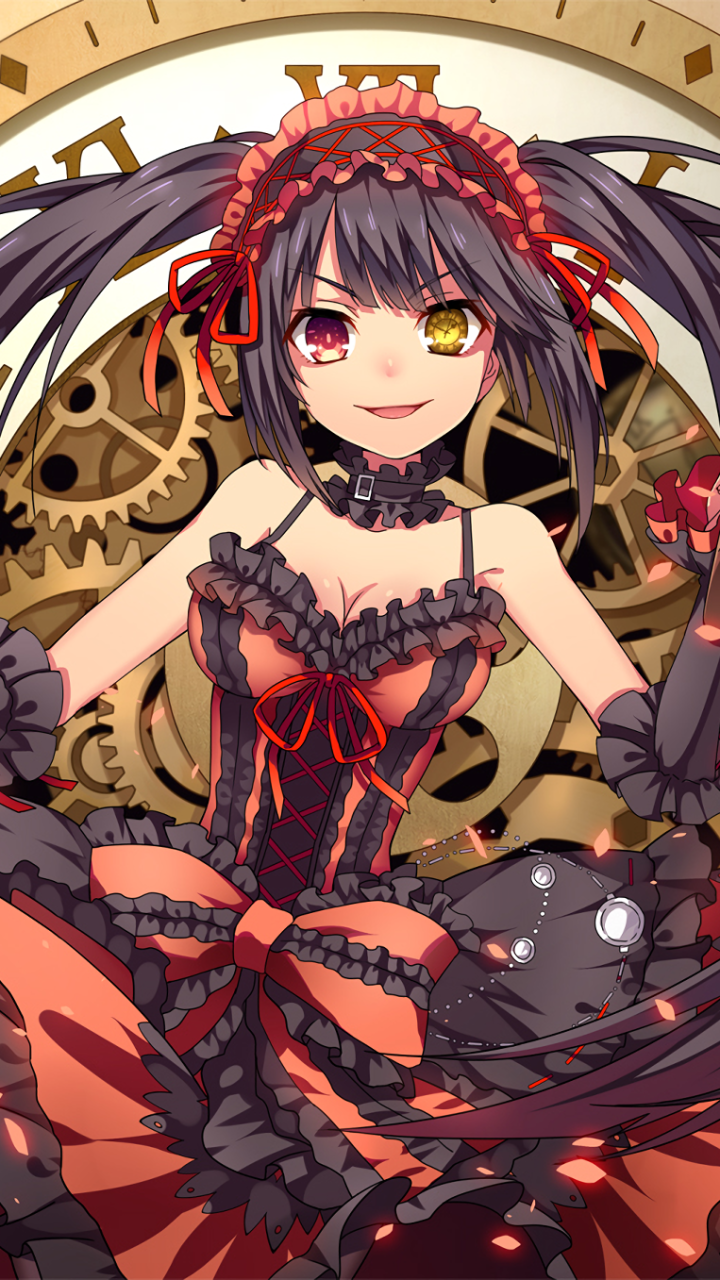 Phone wallpaper featuring Kurumi Tokisaki from Date A Live in a detailed gothic outfit with clockwork gears in the background, designed for iPhone and Android screens.