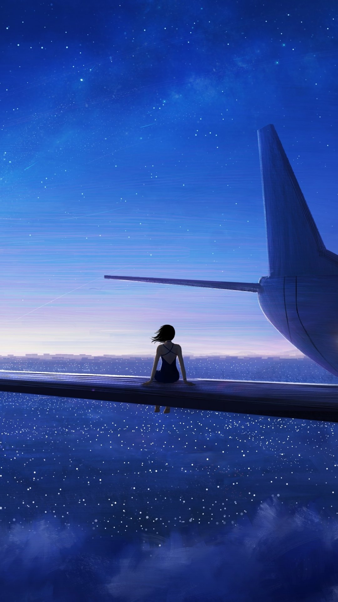 Anime-style phone wallpaper showing a person sitting on an aircraft wing beneath a starry sky with a shooting star streaking across the night sky.