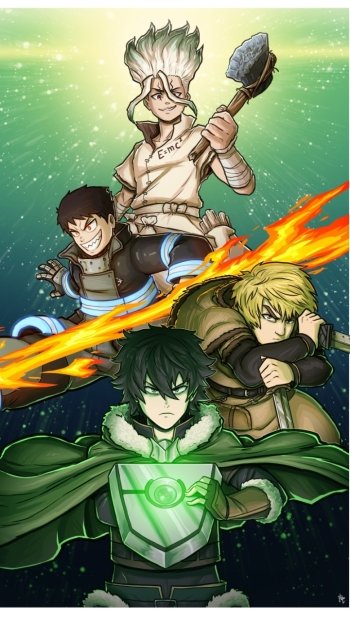 Thorfinn (Vinland Saga) Senku Ishigami Shinra Kusakabe Naofumi Iwatani Dr. Stone Fire Force Vinland Saga The Rising of the Shield Hero Anime crossover Phone Wallpaper