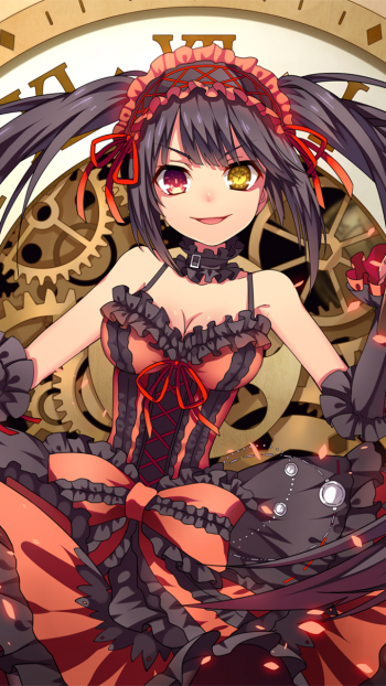 Phone wallpaper featuring Kurumi Tokisaki from Date A Live in a detailed gothic outfit with clockwork gears in the background, designed for iPhone and Android screens.