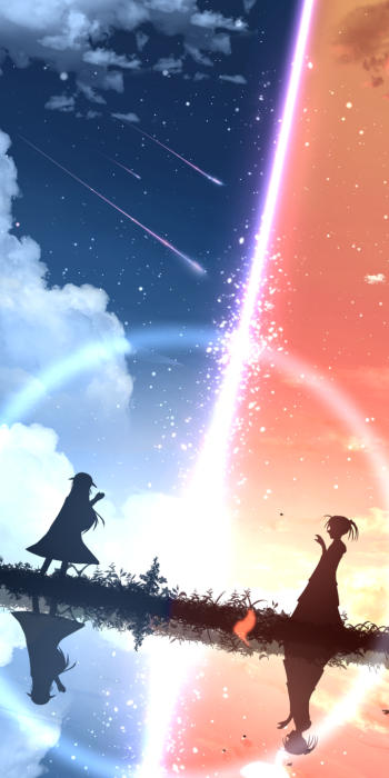 Phone wallpaper: original anime scene split between anime night and anime sunset; shooting stars, glowing divider, two silhouetted figures facing each other with mirrored reflections.