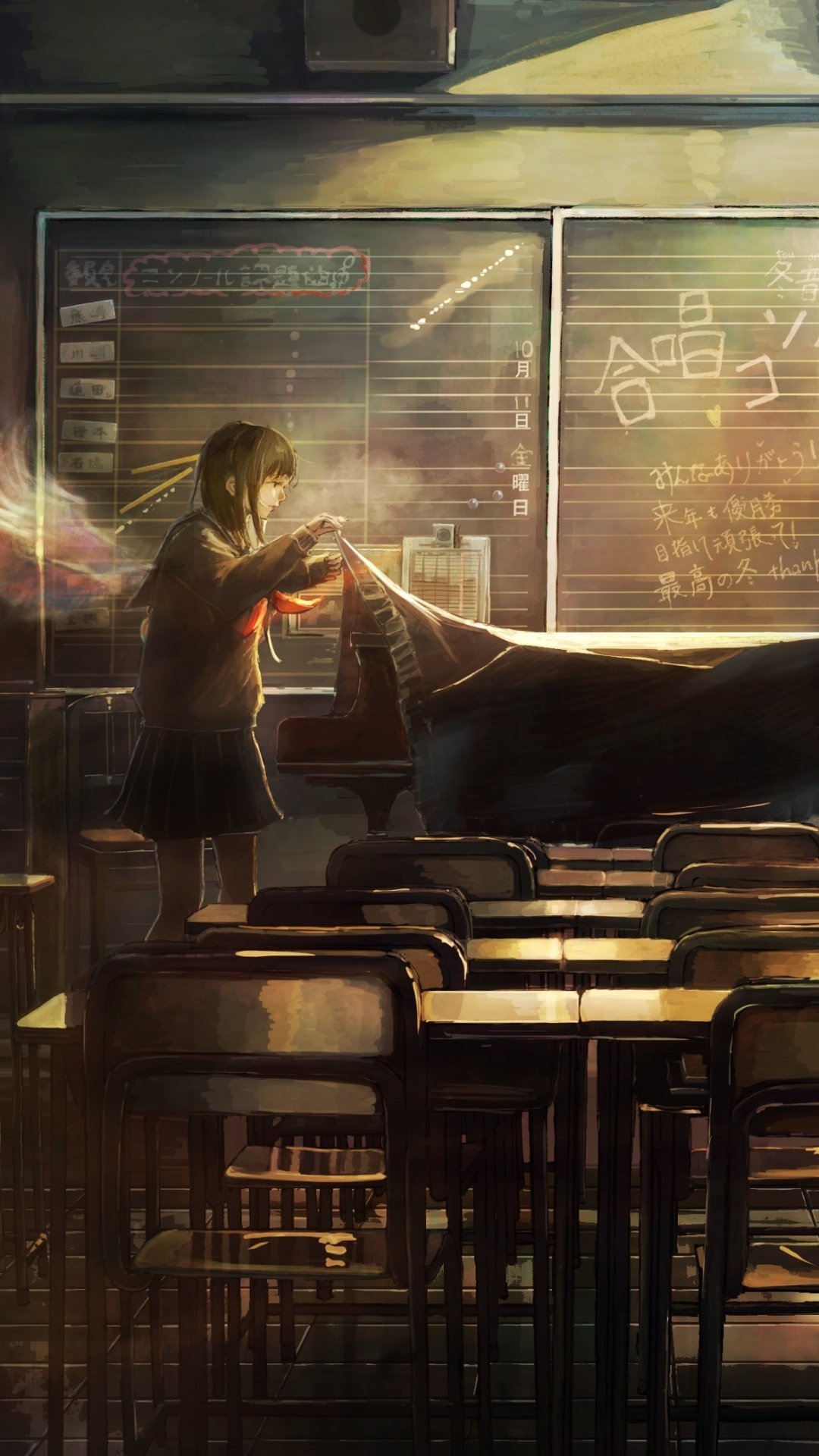 Download Classroom Piano Desk Anime Original Phone Wallpaper
