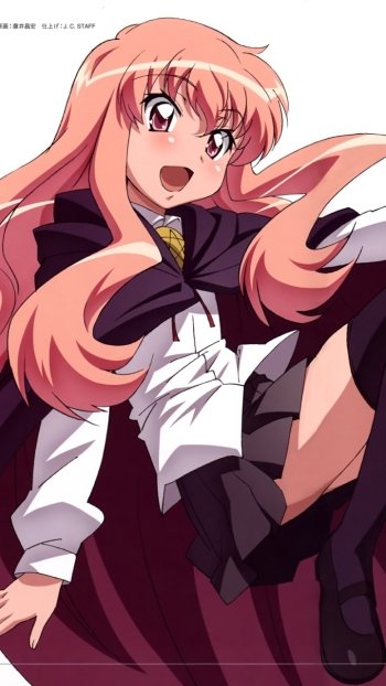 Phone wallpaper of Louise from The Familiar of Zero: pink-haired schoolgirl in a cape, dynamic pose and energetic expression.