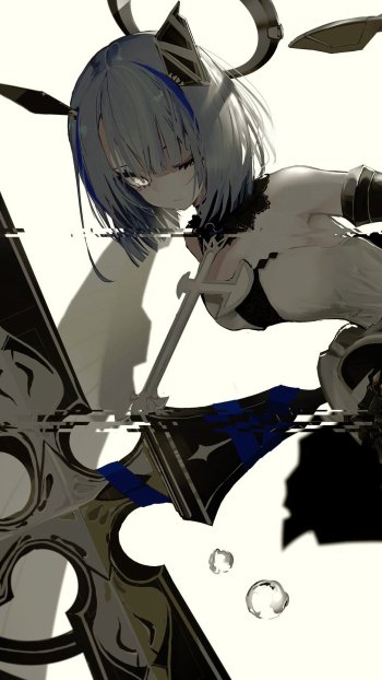 Phone wallpaper of Gascogne from Azur Lane: anime girl with short white hair and piercing eyes, clad in a dark outfit, wielding a massive black cross-like weapon against a pale background.