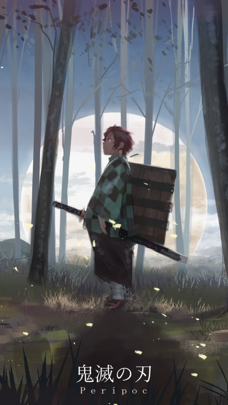 Anime phone wallpaper of Tanjiro Kamado (Demon Slayer: Kimetsu no Yaiba) standing in a moonlit forest, sword at his side and the wooden box on his back.