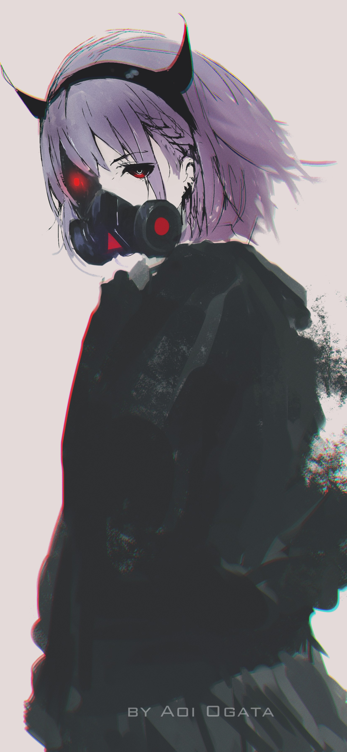Anime-style original character with short purple hair, wearing a black gas mask and horned headband, set against a dark, smoky background for phone wallpaper display.