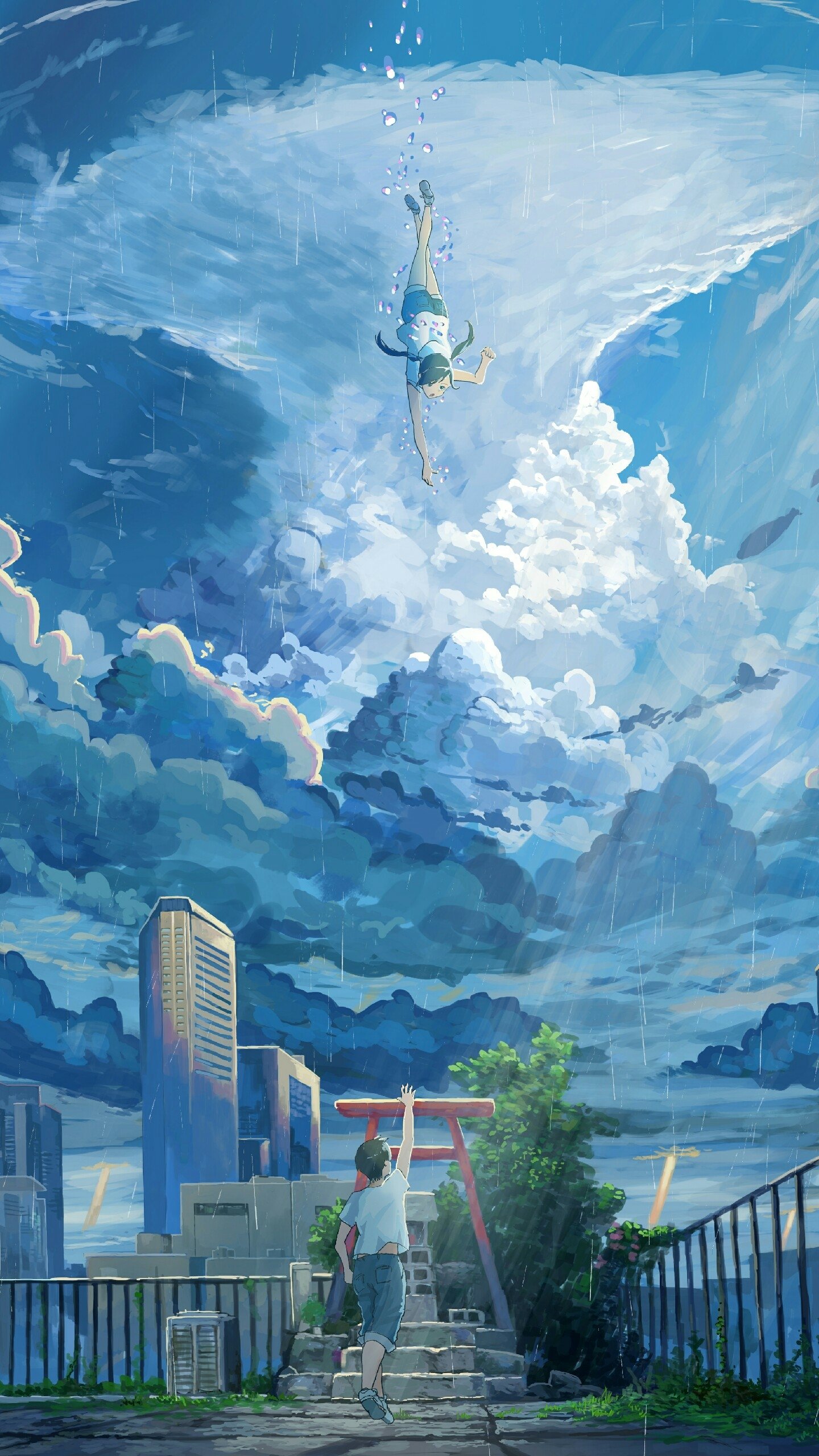 Phone wallpaper from Tenki no Ko (Weathering with You): Hina Amano descends through luminous clouds while Hodaka Morishima watches over a rain-soaked city.