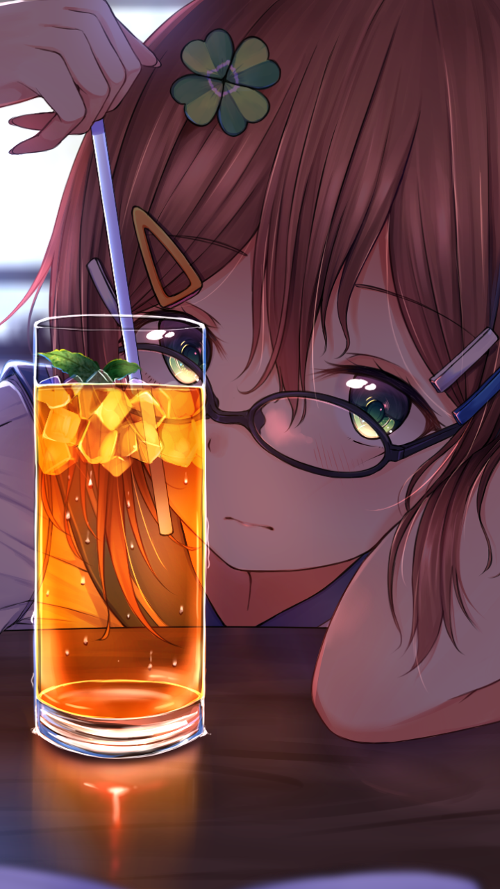Download Glasses Green Eyes Brown Hair Glass Drink Anime Original Phone Wallpaper