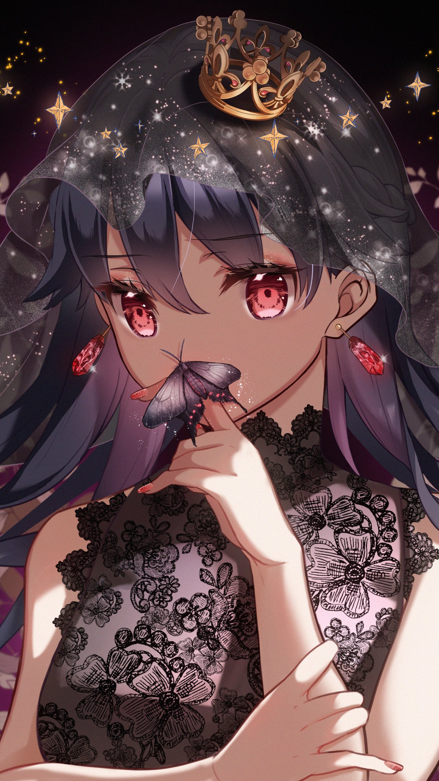 Anime original phone wallpaper of a purple-haired girl with red eyes, wearing lace and a small crown, holding a butterfly to her lips beneath a sparkling, star-strewn veil.