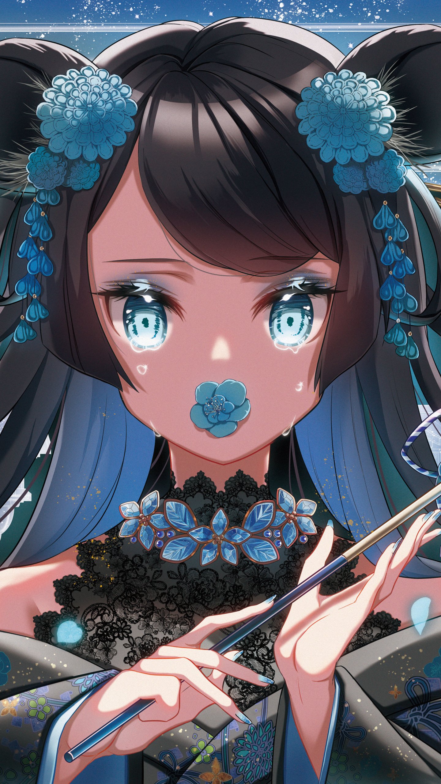 Phone wallpaper of an anime girl with blue eyes and tears, blue flowers in her hair and over her mouth, a floral choker and delicate hands framing her face.