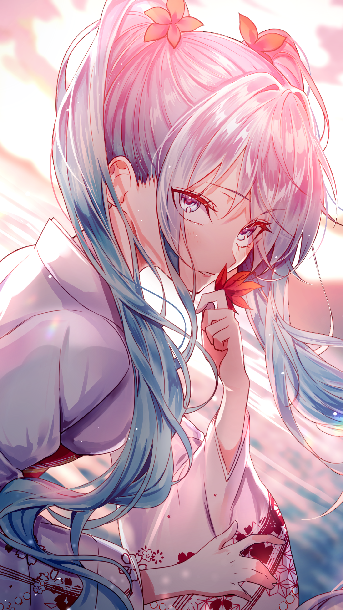 Anime-style wallpaper featuring Hatsune Miku with blue hair and blue eyes, holding a red maple leaf against a soft, glowing background for iPhone and Android phones.