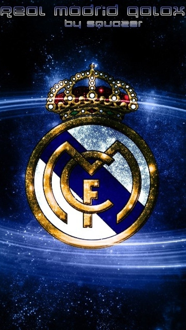 Real Madrid C.F. logo with a cosmic galaxy background, designed as a vibrant phone wallpaper for iPhone and Android devices.