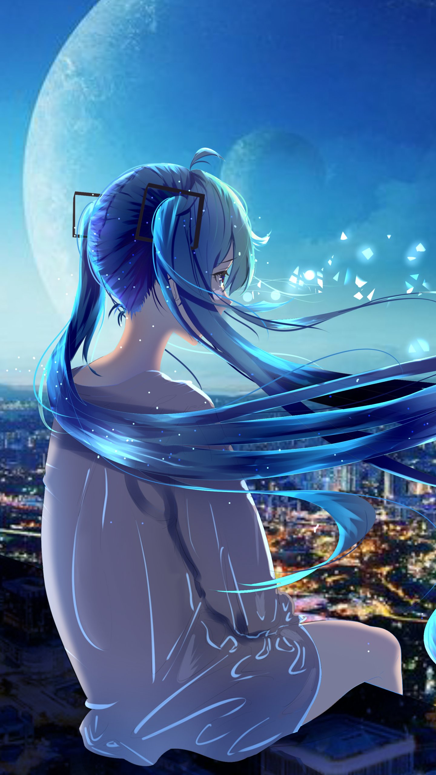 Anime-style wallpaper featuring Hatsune Miku with long blue hair, glowing softly against a moonlit cityscape, designed for iPhone and Android phone screens.