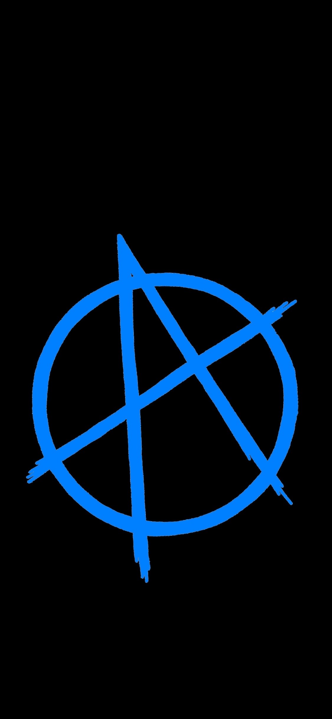 Dark phone wallpaper featuring a bold blue anarchy symbol centered on a black background, compatible with both iPhone and Android displays.