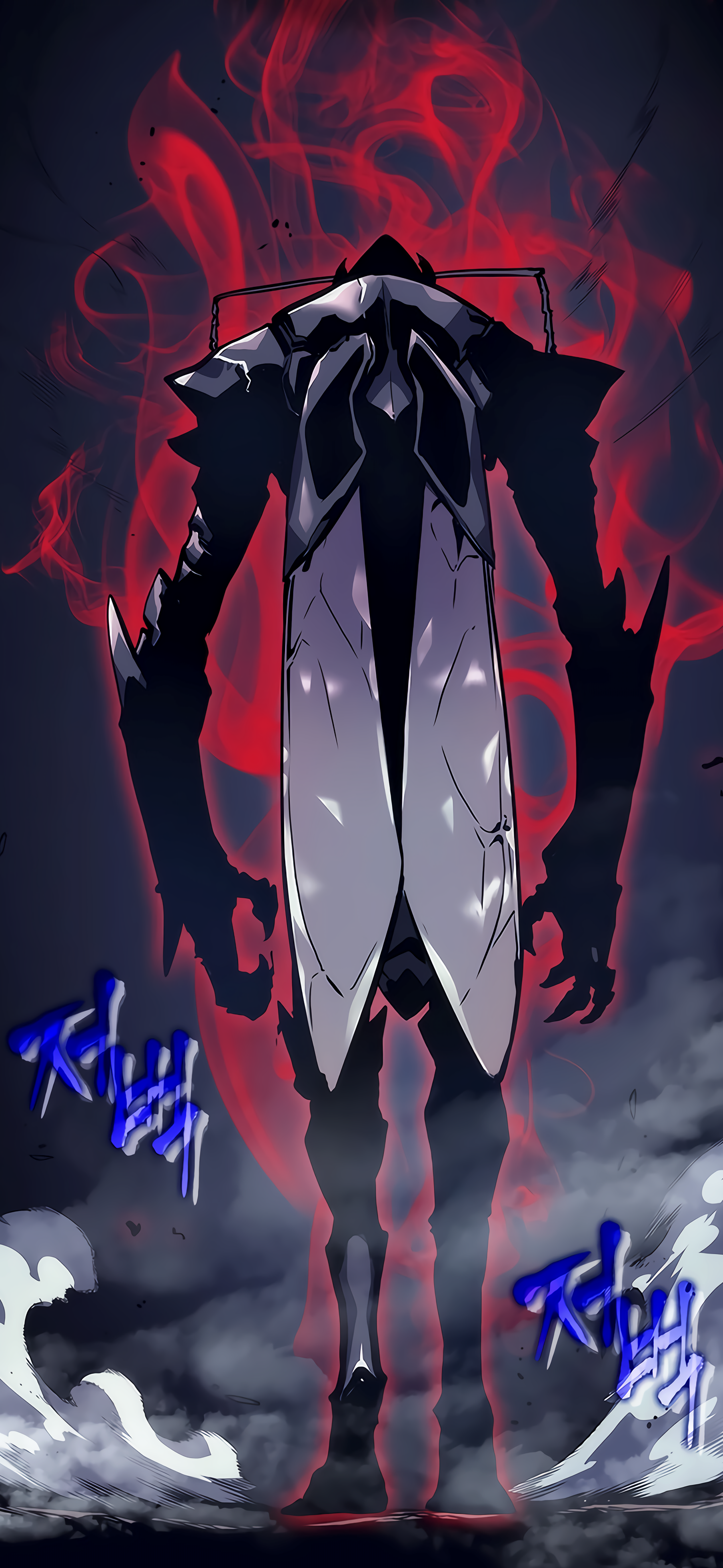 Anime-style Solo Leveling character stands with back turned, surrounded by red flames and dark smoke, designed as a dynamic phone wallpaper for iPhones and Android devices.