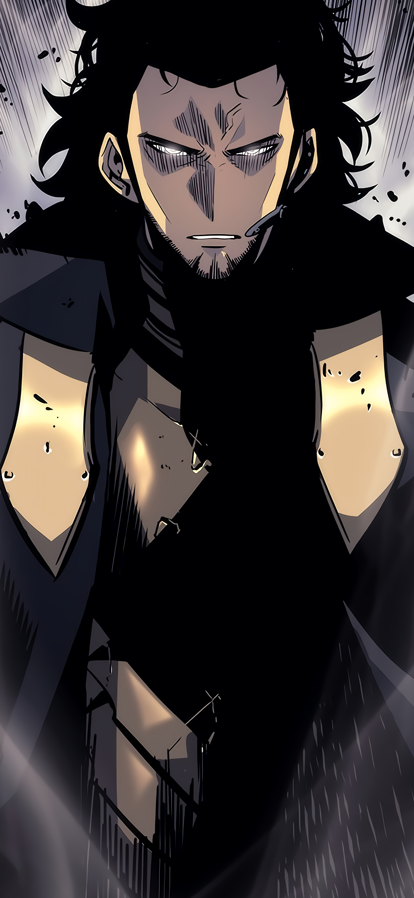 Phone wallpaper of Goto Ryuji from Solo Leveling — dark anime close-up with a shadowed face, intense eyes, rain and floating debris conveying a brooding, powerful presence.