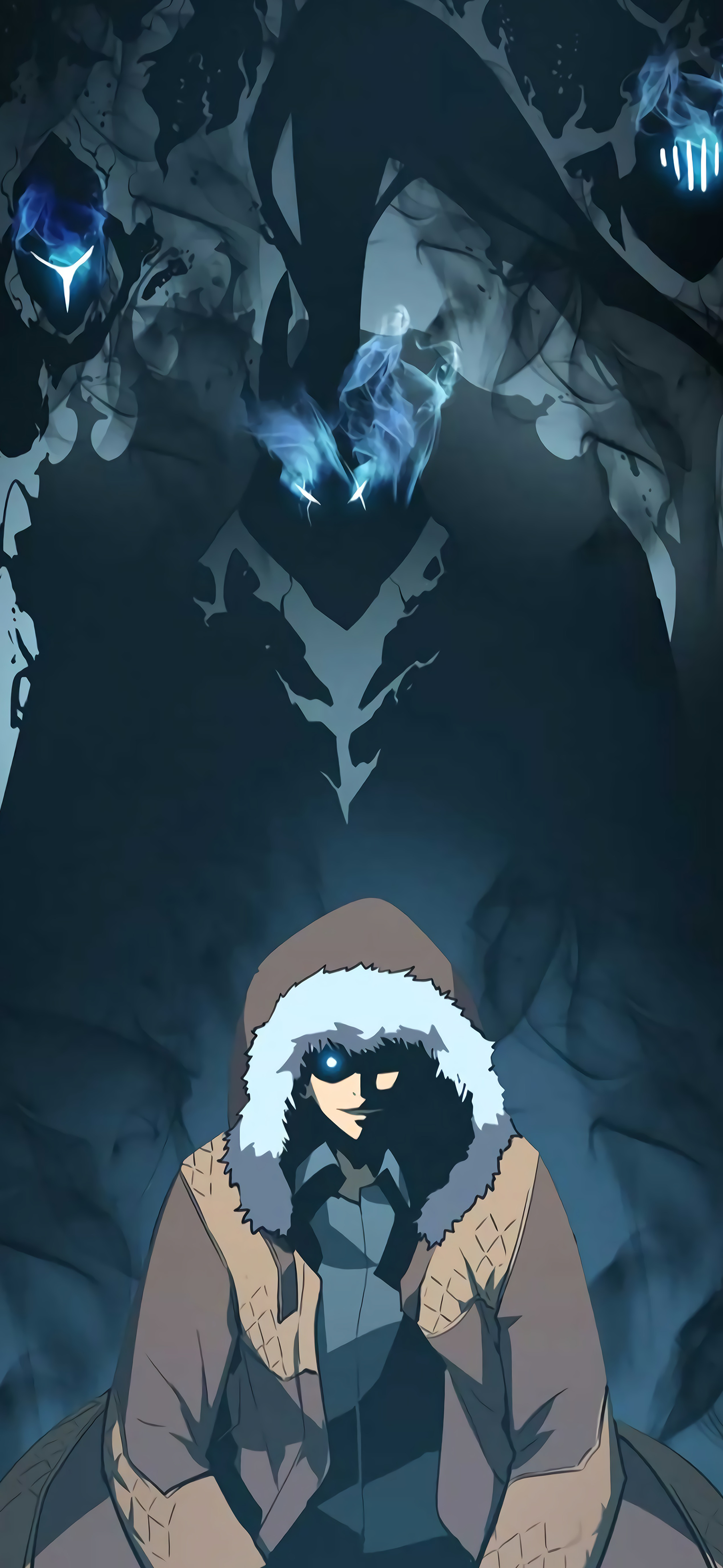 Phone wallpaper featuring Sung Jin-Woo from Solo Leveling with dark, shadowy figures looming behind him, designed for anime fans on iPhone and Android devices.
