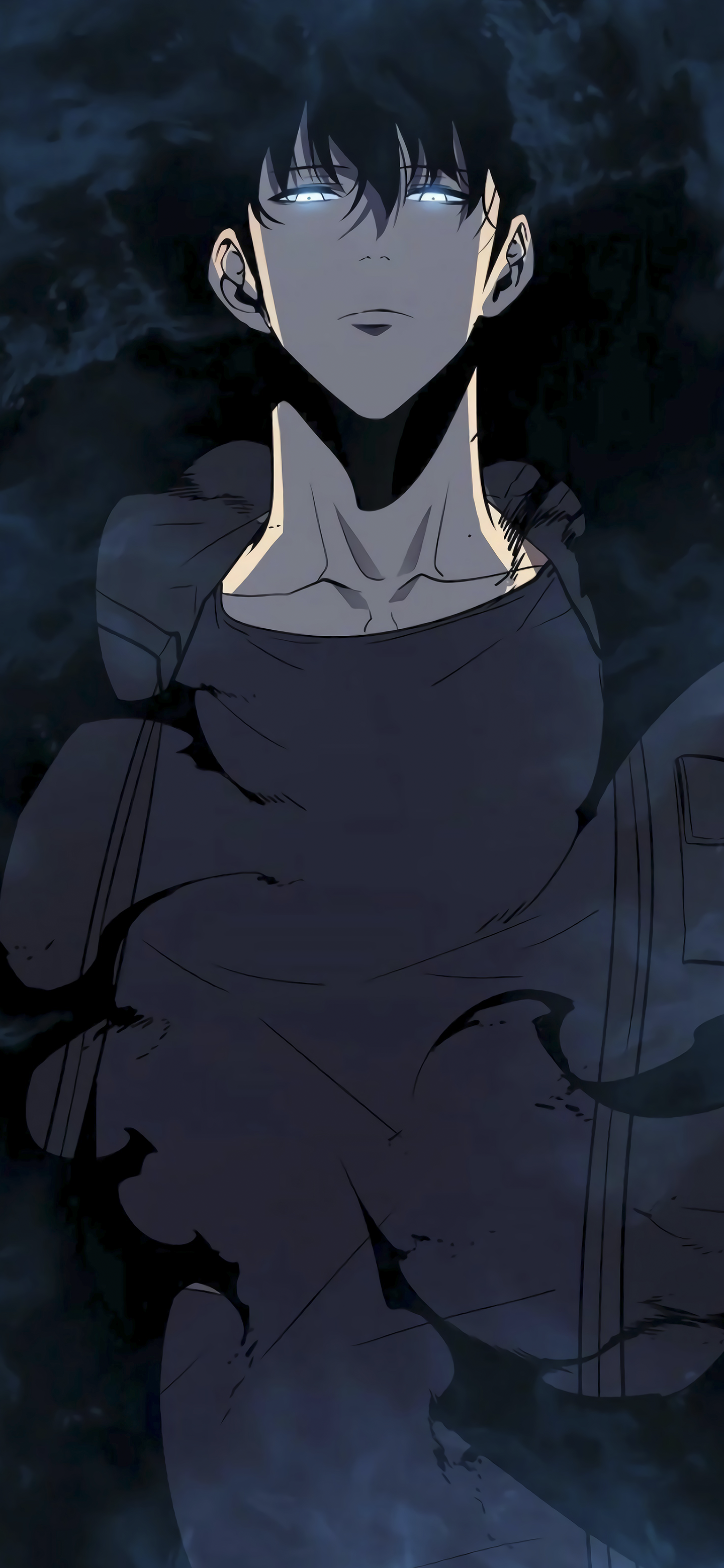 Phone wallpaper featuring Sung Jin-Woo from the anime Solo Leveling, with dark, mysterious tones and a striking, intense expression.