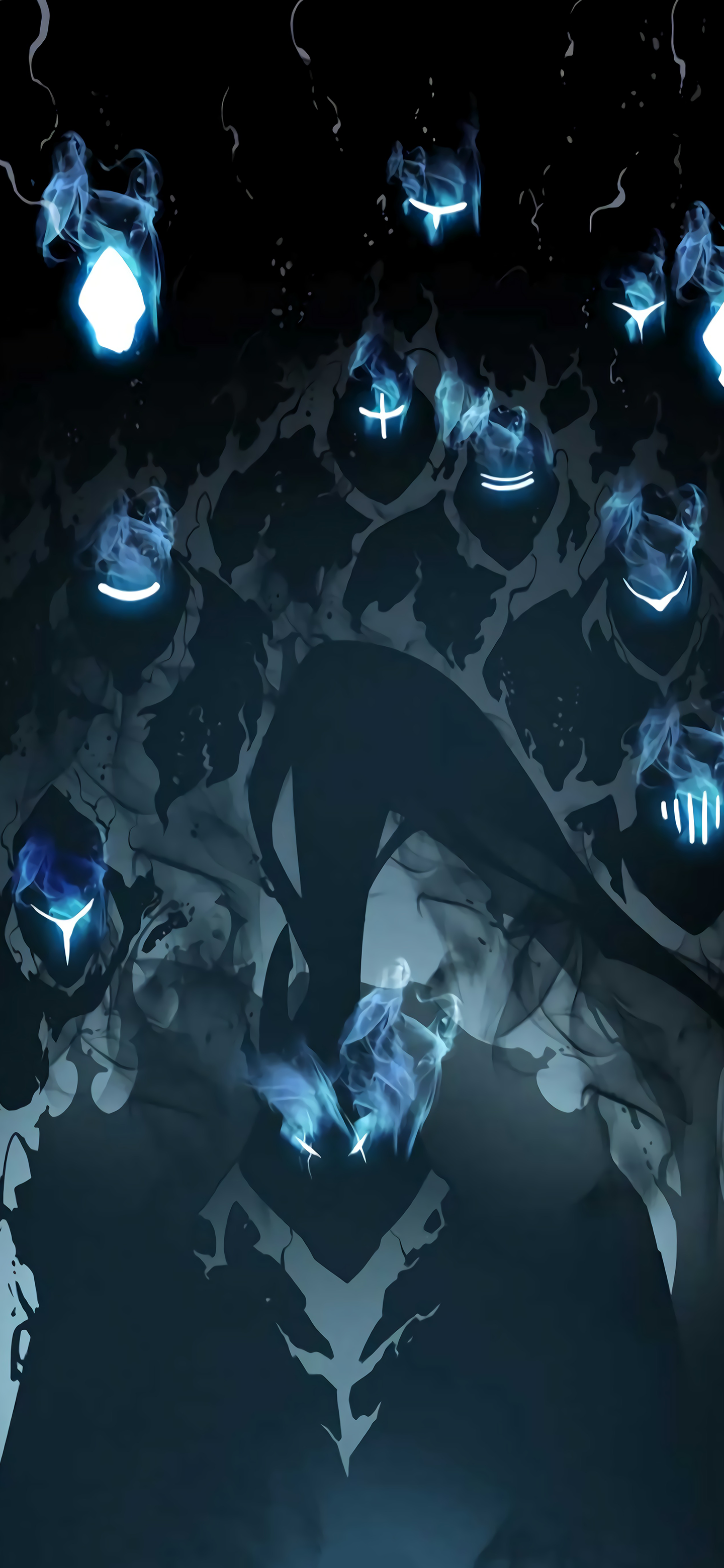Phone wallpaper featuring dark, glowing blue figures from Shadow Infantry in the anime Solo Leveling, designed for iPhones and Android phones with a striking, mysterious atmosphere.