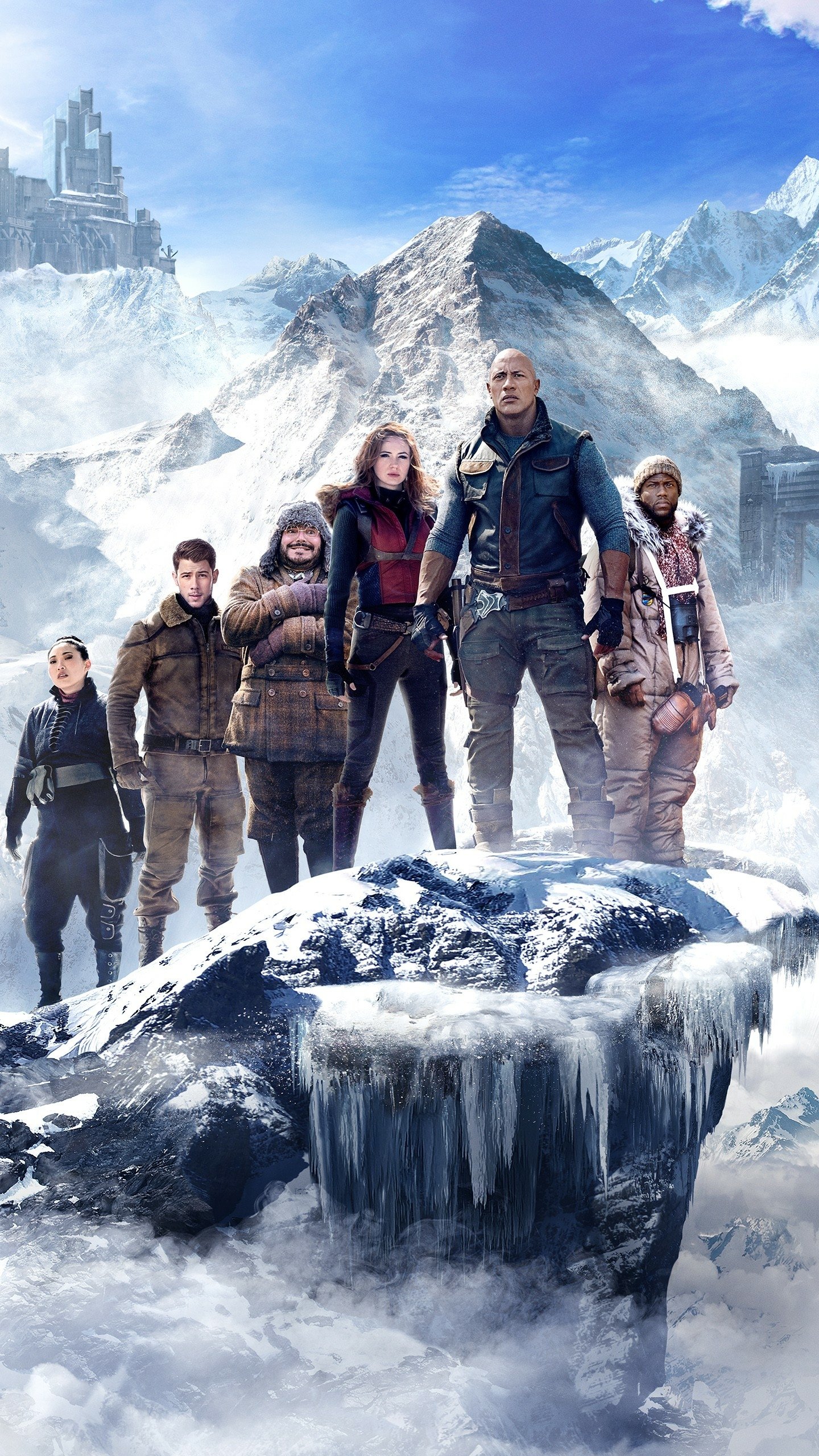 Download Nick Jonas Kevin Hart Karen Gillan Jack Black Dwayne Johnson Awkwafina Movie Jumanji: The Next Level Phone Wallpaper