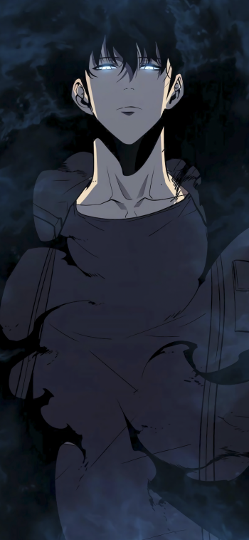 Phone wallpaper featuring Sung Jin-Woo from the anime Solo Leveling, with dark, mysterious tones and a striking, intense expression.