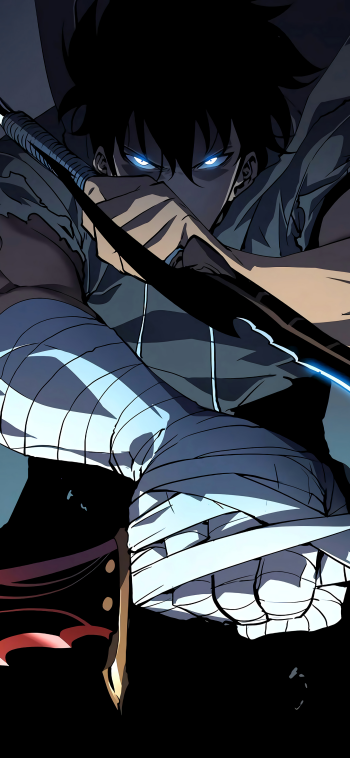 Sung Jin-Woo from Solo Leveling in a dynamic anime pose, holding a glowing weapon, designed as a vibrant phone wallpaper for iPhones and Android devices.