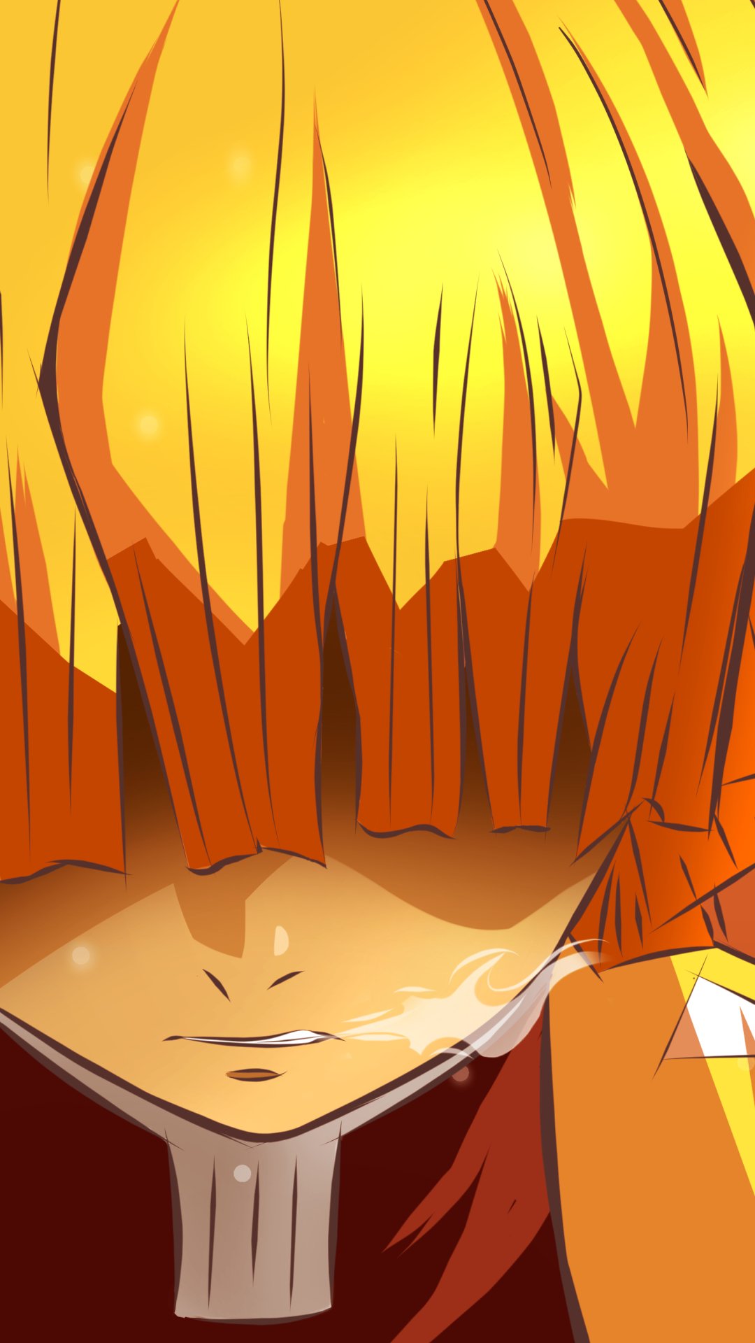 Phone wallpaper of Zenitsu Agatsuma from Demon Slayer: Kimetsu no Yaiba — close-up with his hair obscuring his eyes, a tear on his cheek and a tense, determined expression.