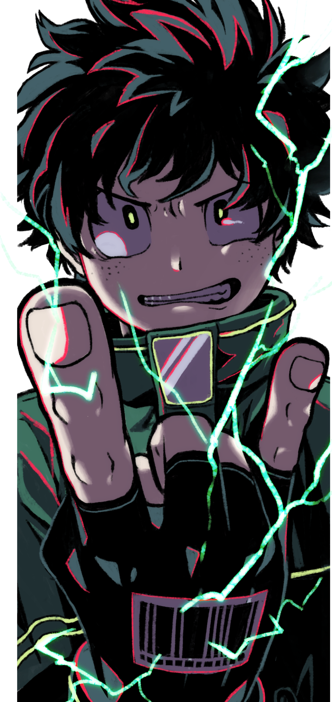 Phone wallpaper of Izuku Midoriya, anime character from My Hero Academia, snarling with glowing green electricity arcing around his outstretched fists.