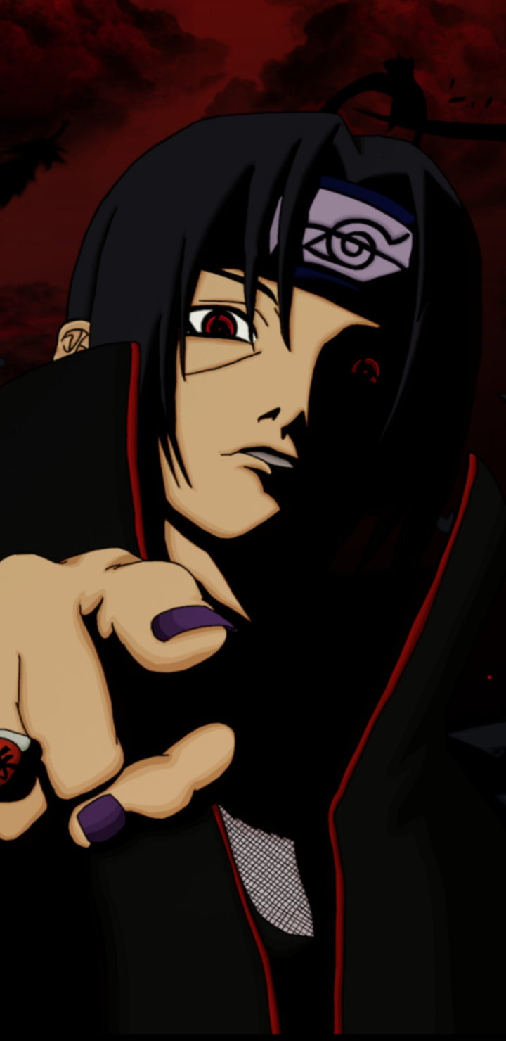 Phone wallpaper featuring Itachi Uchiha from Naruto anime, with a dark red background and intense expression, compatible with iPhone and Android screens.