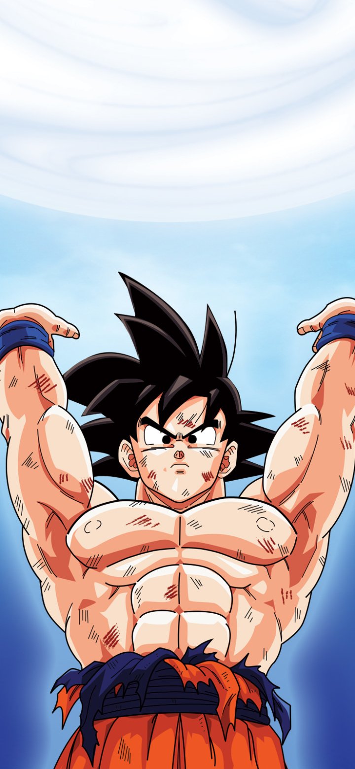 Illustration of Goku from Dragon Ball Z powering up, set against a bright sky, designed as a dynamic phone wallpaper for iPhones and Android devices.