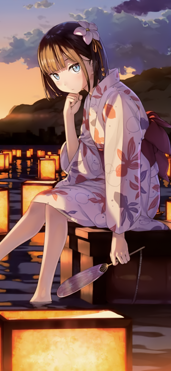 fan blue eyes brown hair short hair lantern kimono Anime Original Phone Wallpaper