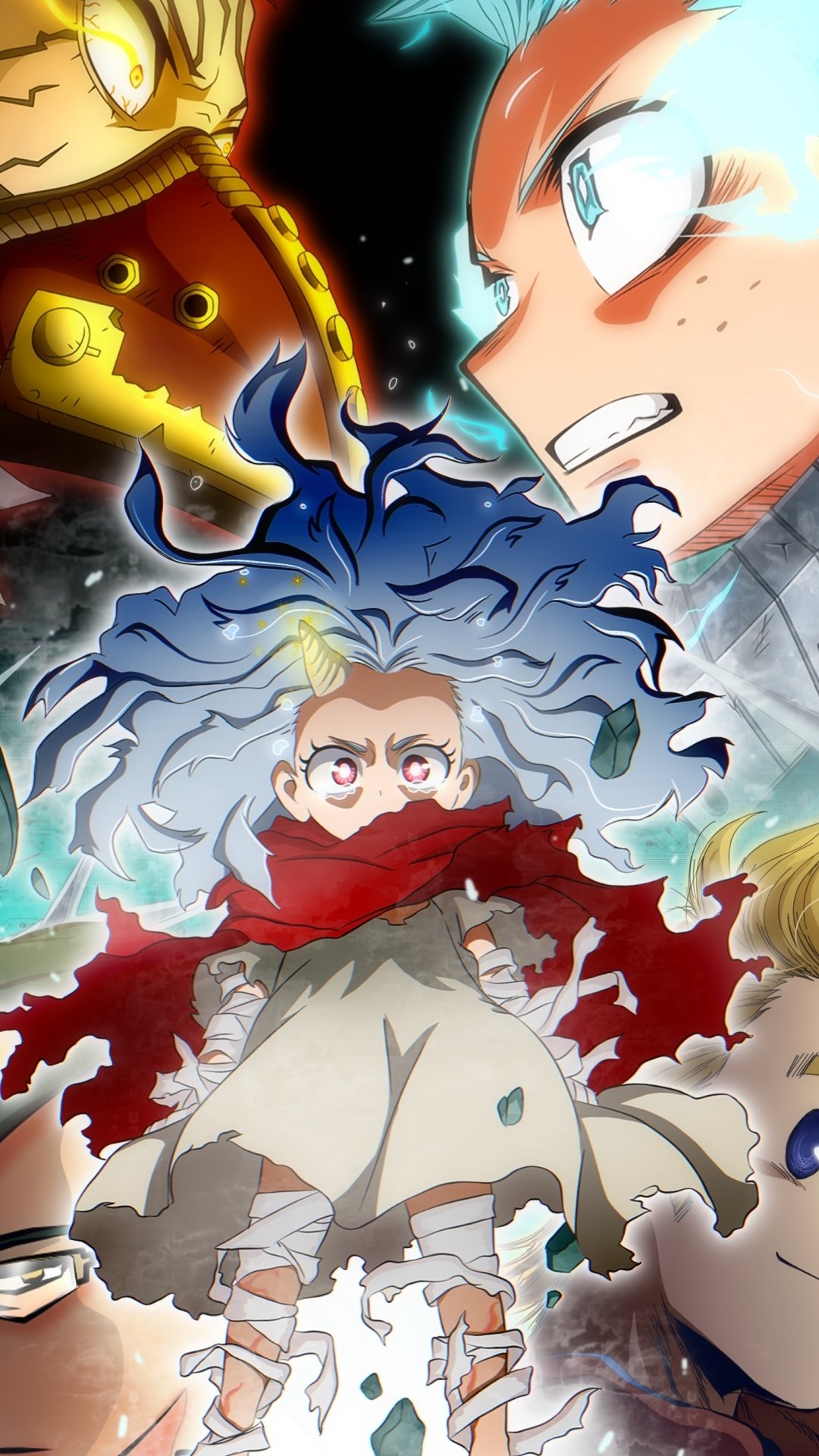 Phone wallpaper of My Hero Academia: Izuku Midoriya, Mirio Togata, and Eri (Mirai Sasaki) with Kai Chisaki/Overhaul looming behind, energy swirling.